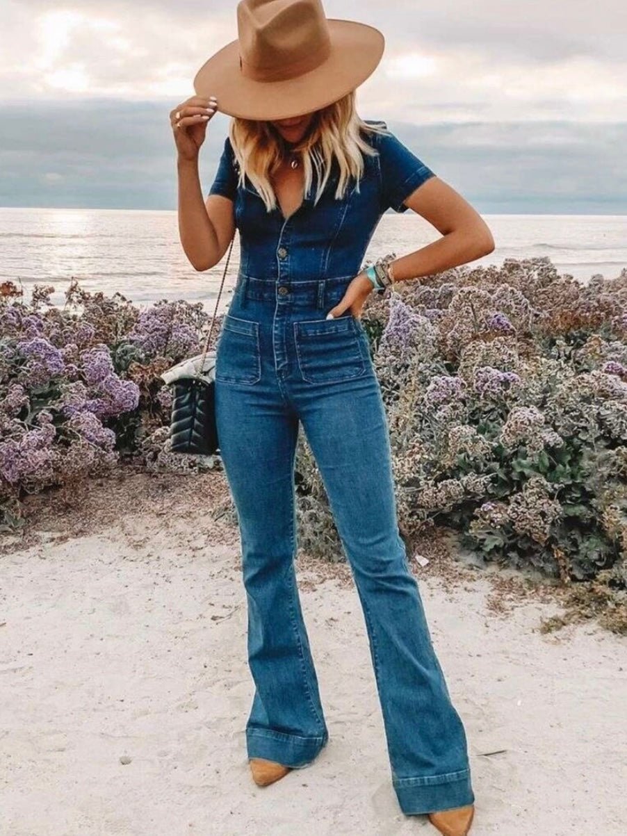 Melia | Denim Bell Bottom Jumpsuit