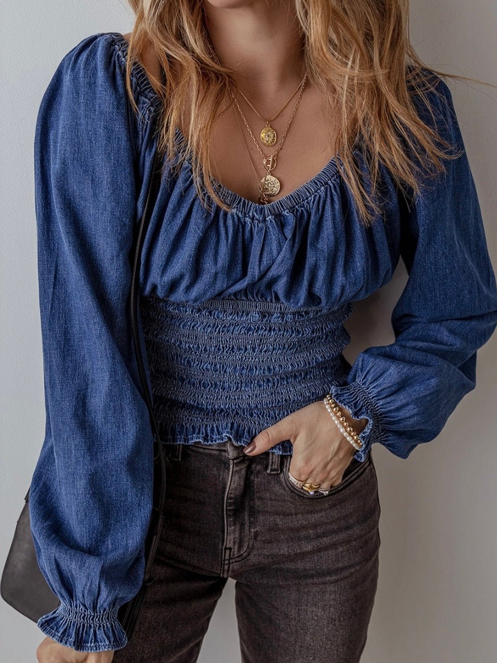Melia | Denim Smocked Top