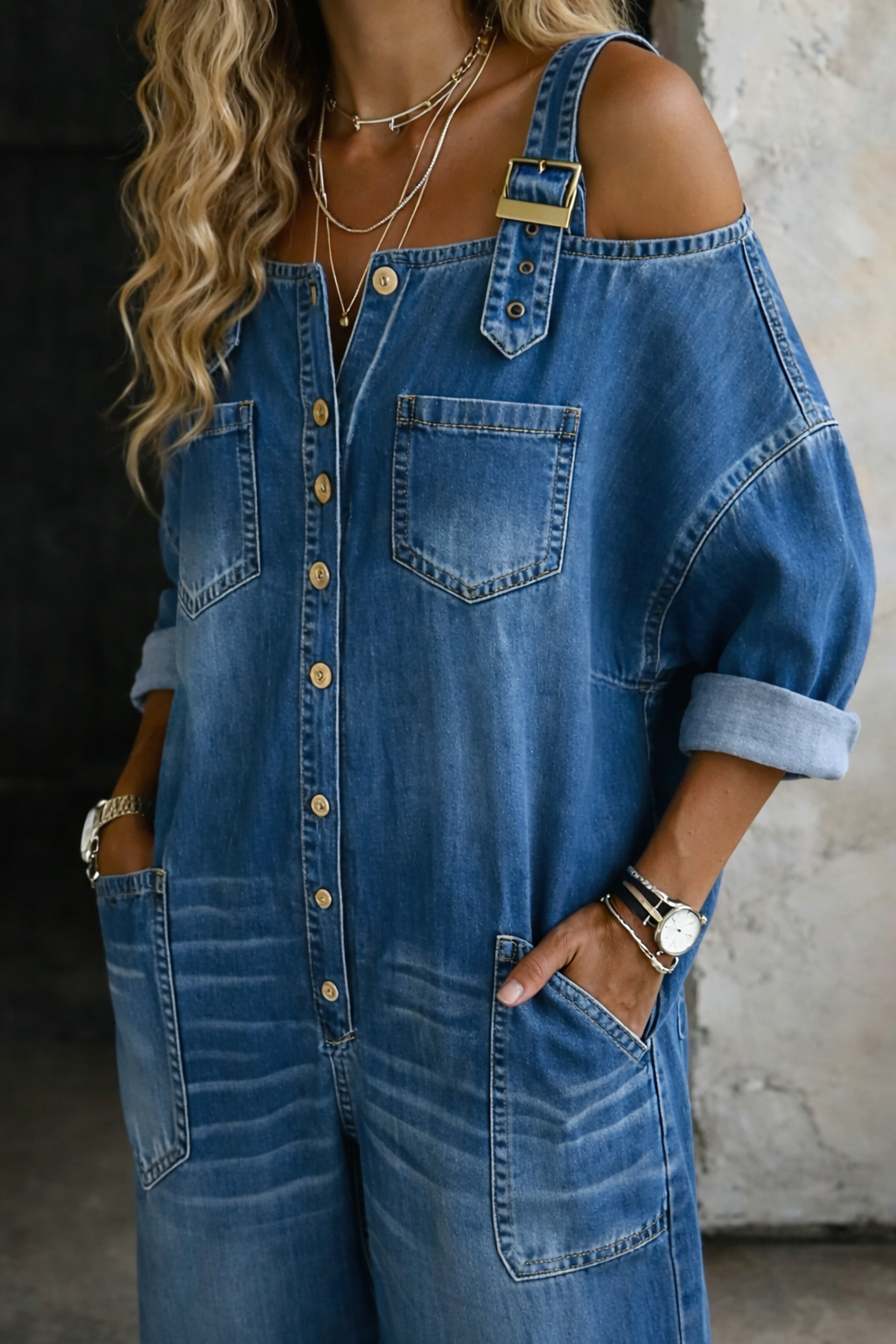 Avery Off-Shoulder Denim Jumpsuit
