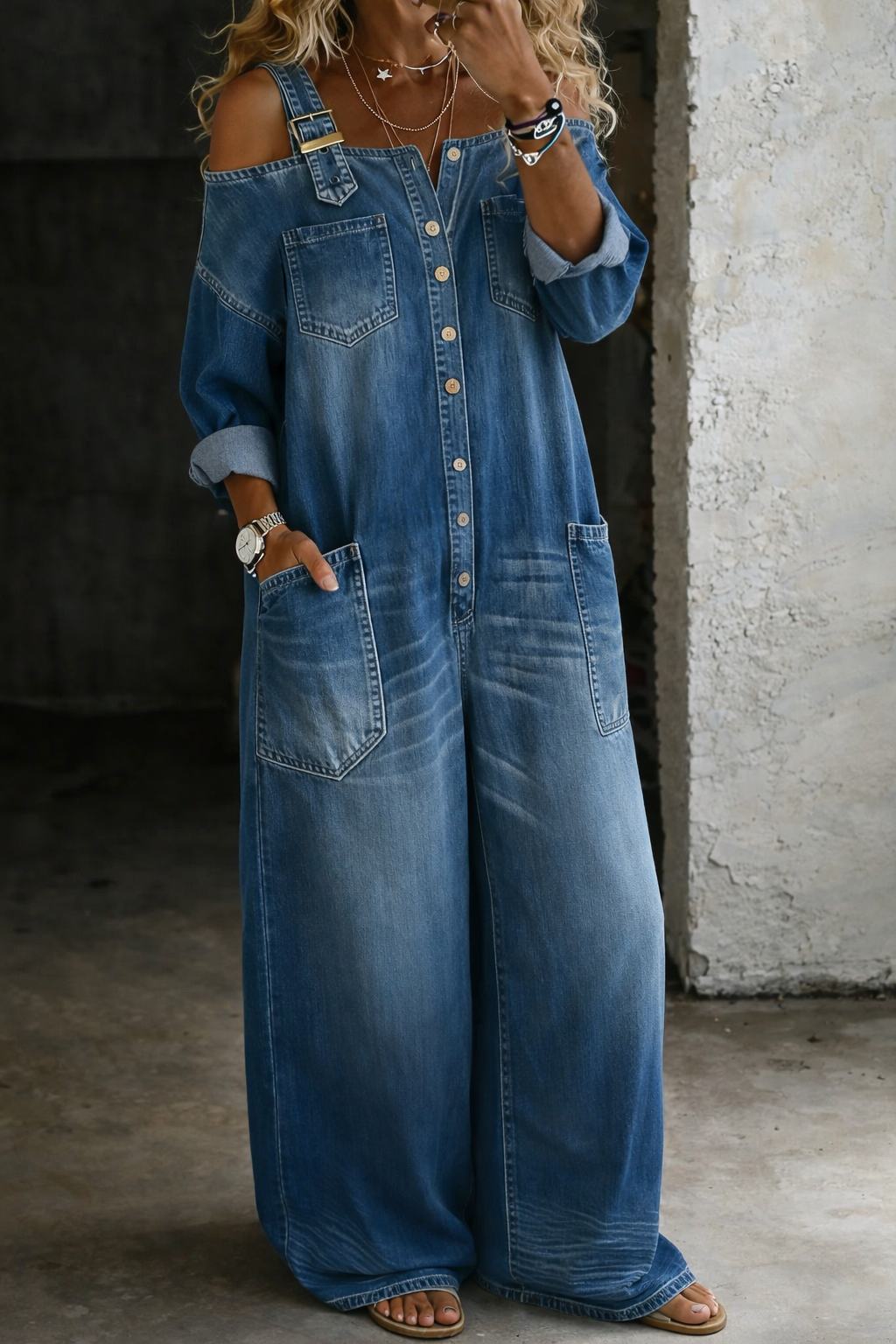 Avery Off-Shoulder Denim Jumpsuit